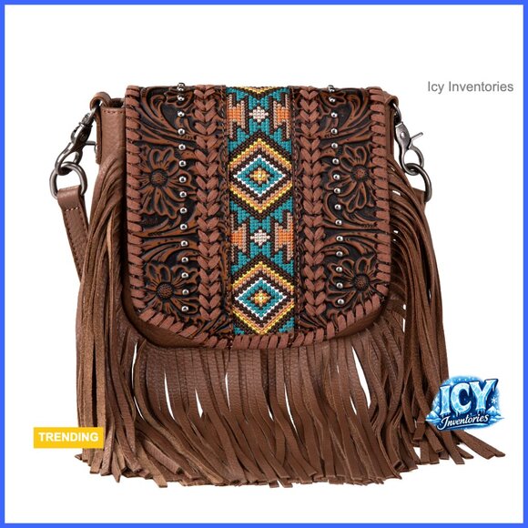 Genuine Leather Fringe Crossbody Bag with Adjustable Strap